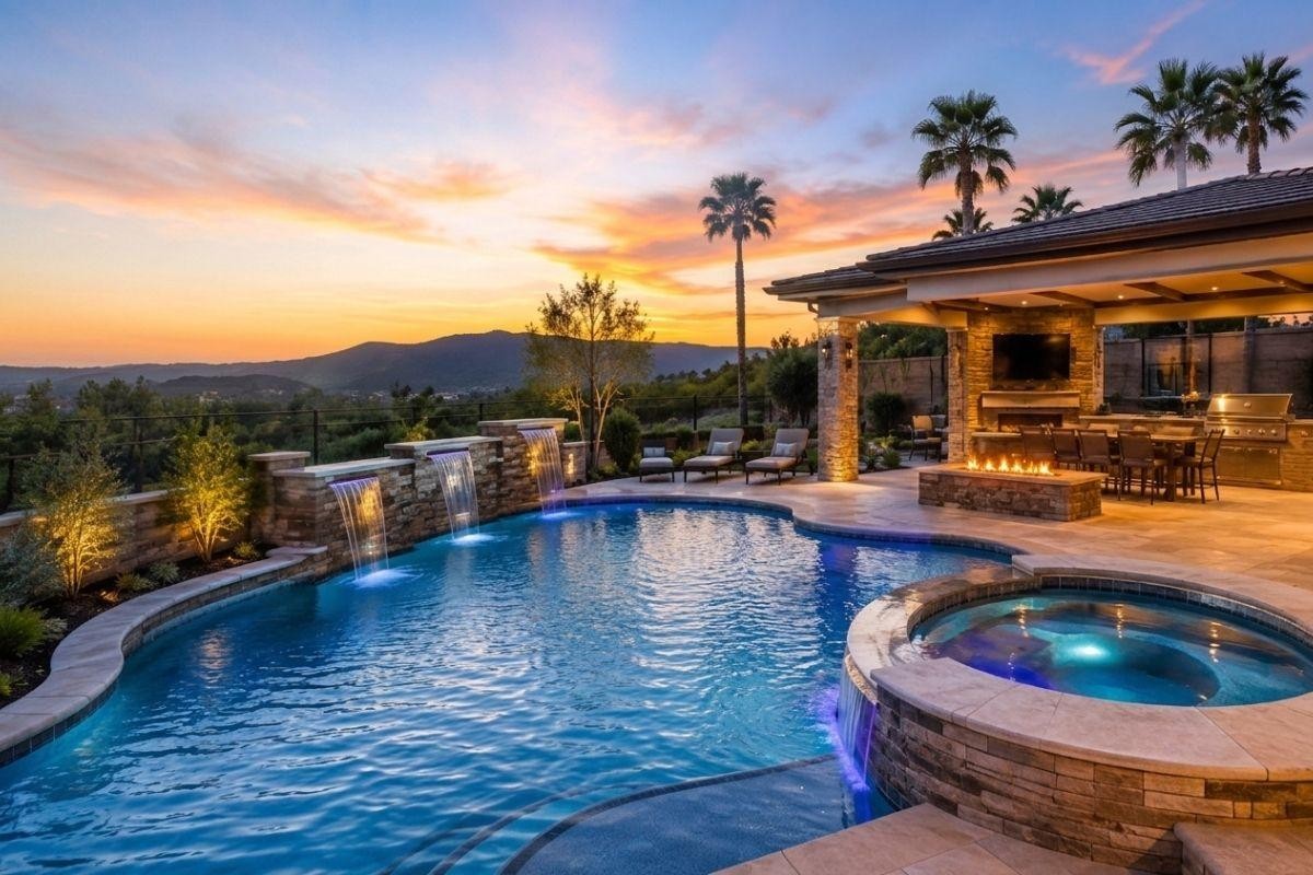 Luxury custom pool and spa in California at sunset