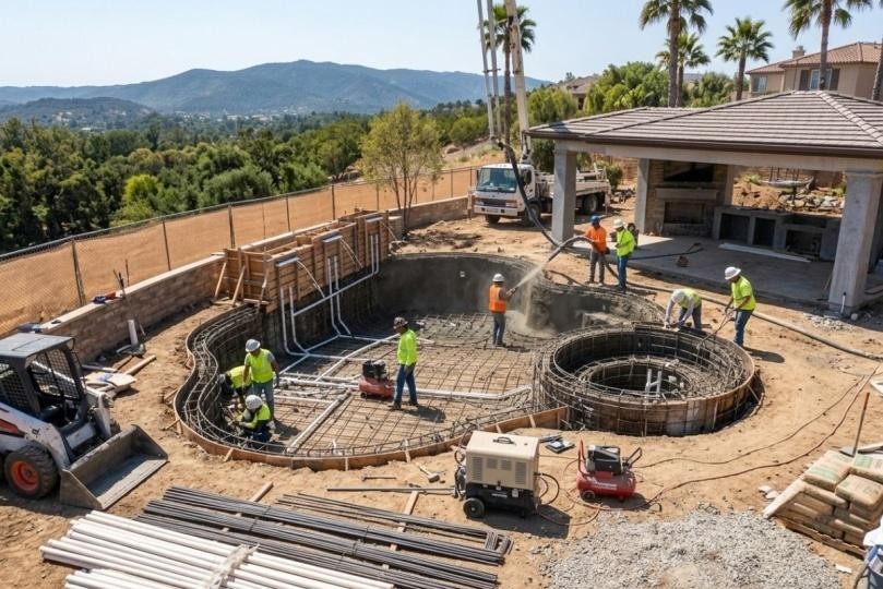 Crew placing concrete shotcrete over rebar in a backyard during custom pool construction in California