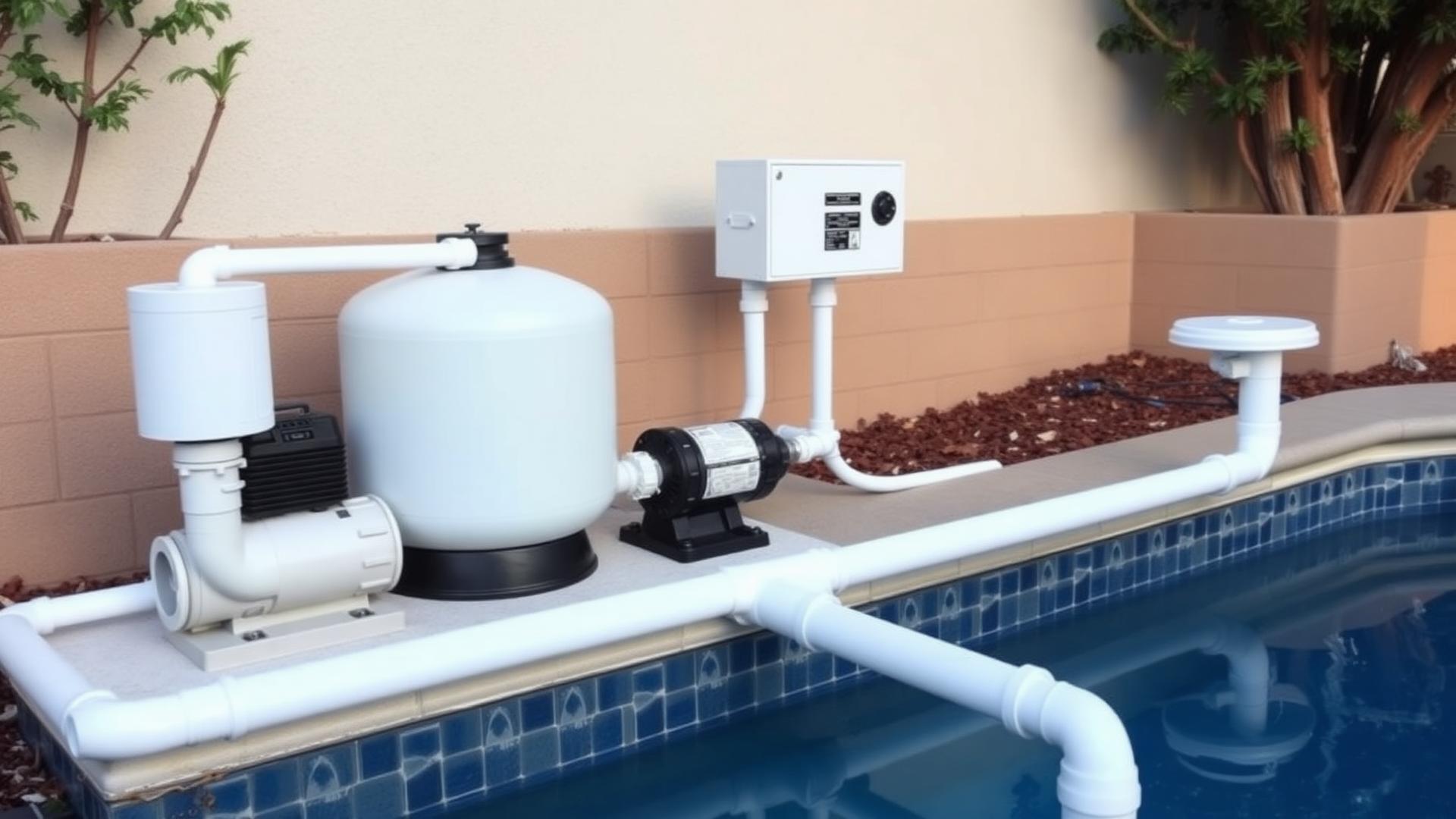 Pool equipment pad with variable-speed pump, filter tank and control panel at a California home