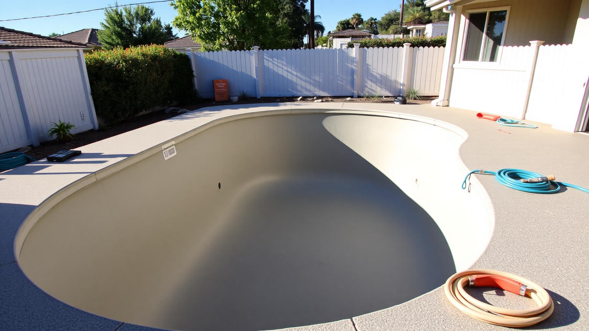 Drained swimming pool with freshly applied plaster finish during a California pool resurfacing project