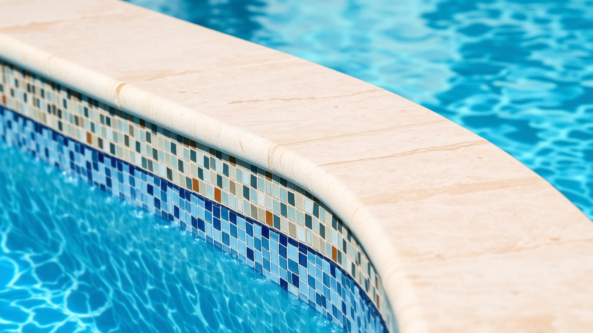 Close-up of glass mosaic waterline tile and travertine pool coping on a California swimming pool